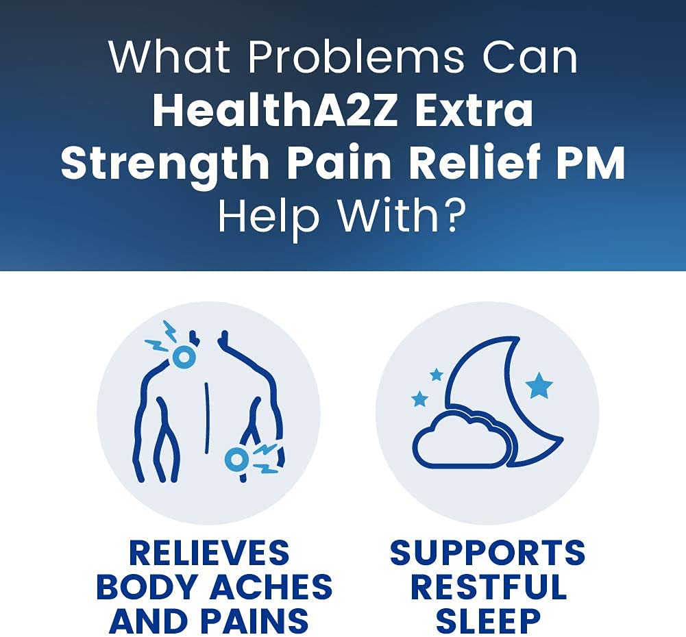 HealthA2Z Extra Strength Pain Relief PM, diseño compacto para viajes nocturnos.