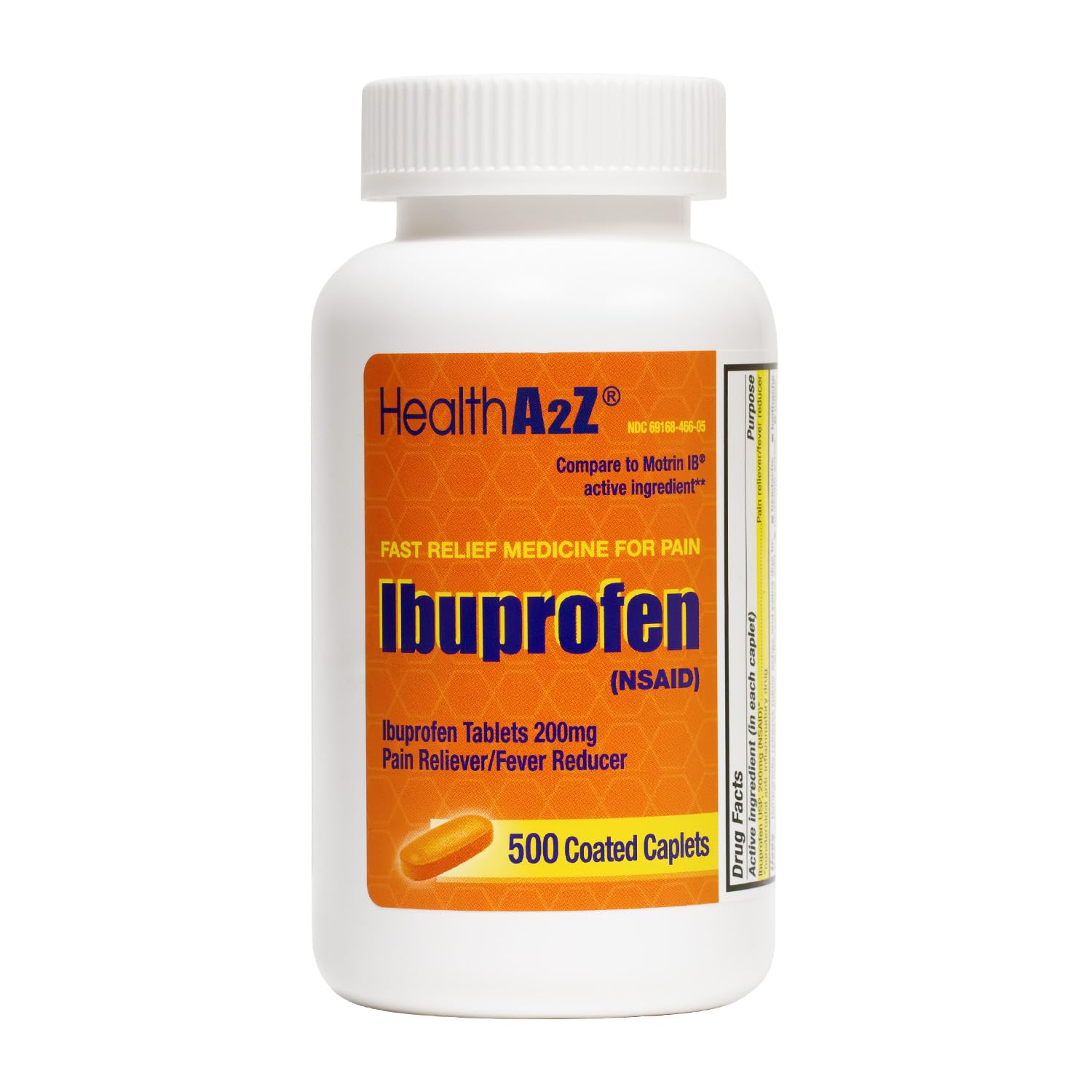 HealthA2Z Ibuprofeno 200 mg, bote naranja con pastillas para alivio del dolor.