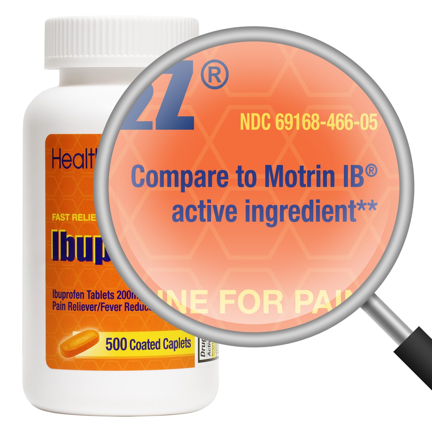 HealthA2Z Ibuprofeno 200 mg, etiqueta naranja, dosis claras para uso diario.