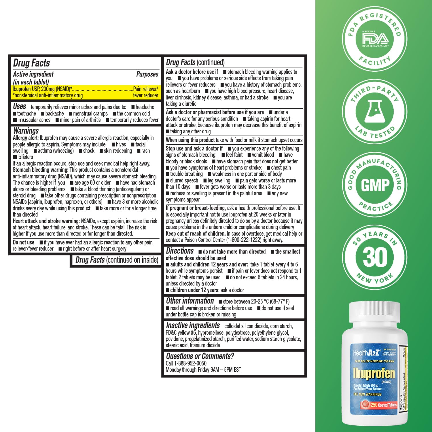 HealthA2Z Ibuprofeno 200 mg envase principal con pastillas para dolor