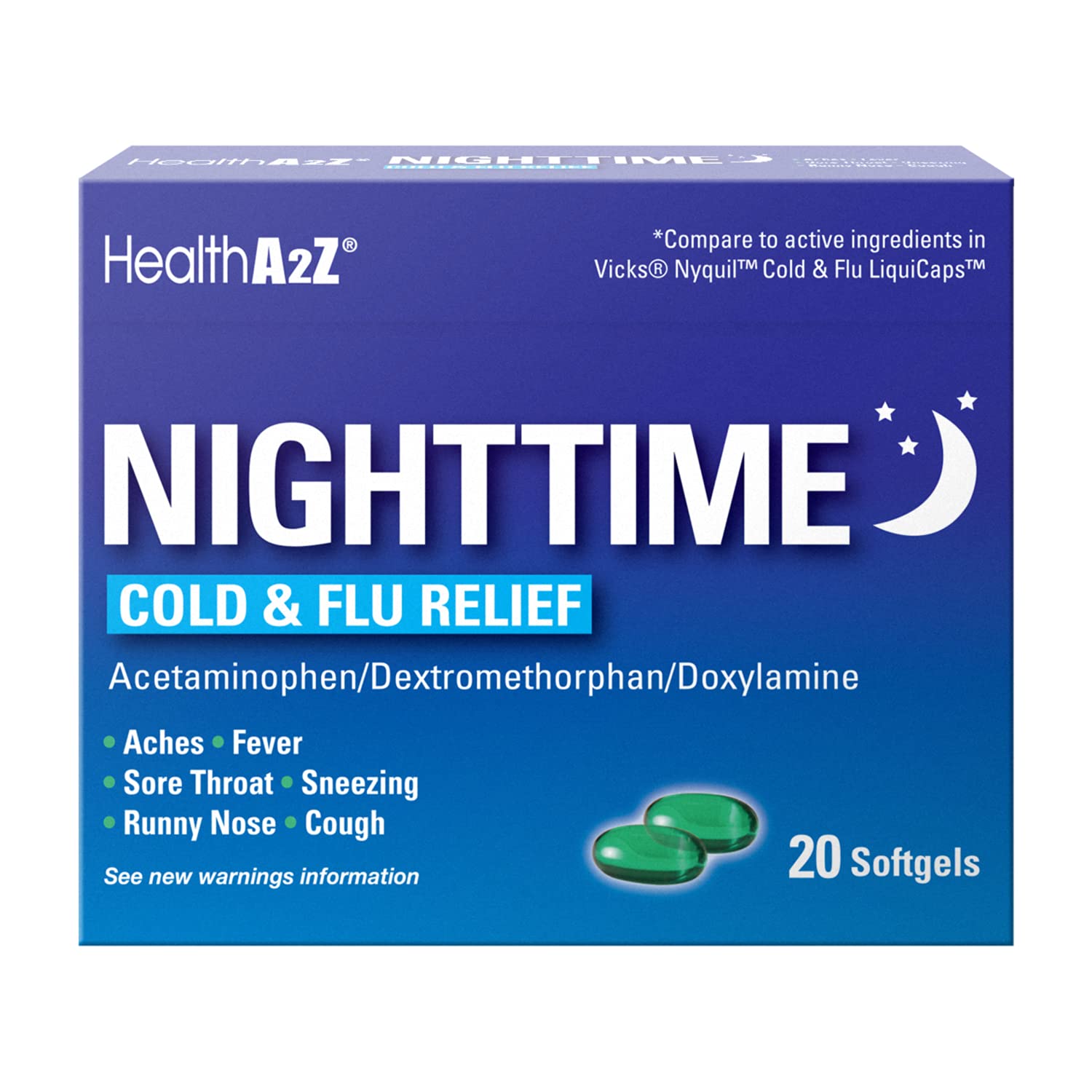 HealthA2Z Nighttime: botella de cápsulas suaves para confort nocturno.