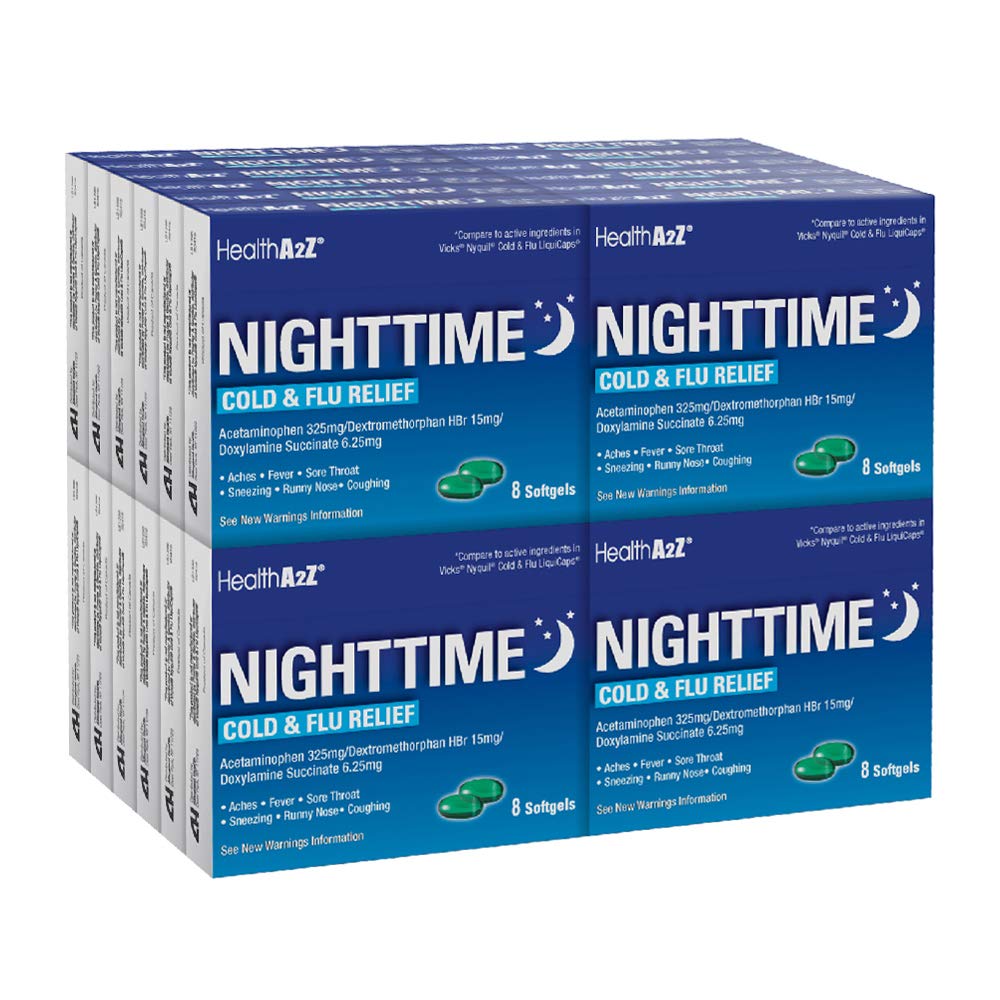 HealthA2Z Nighttime botella frontal, alivio nocturno para múltiples síntomas.