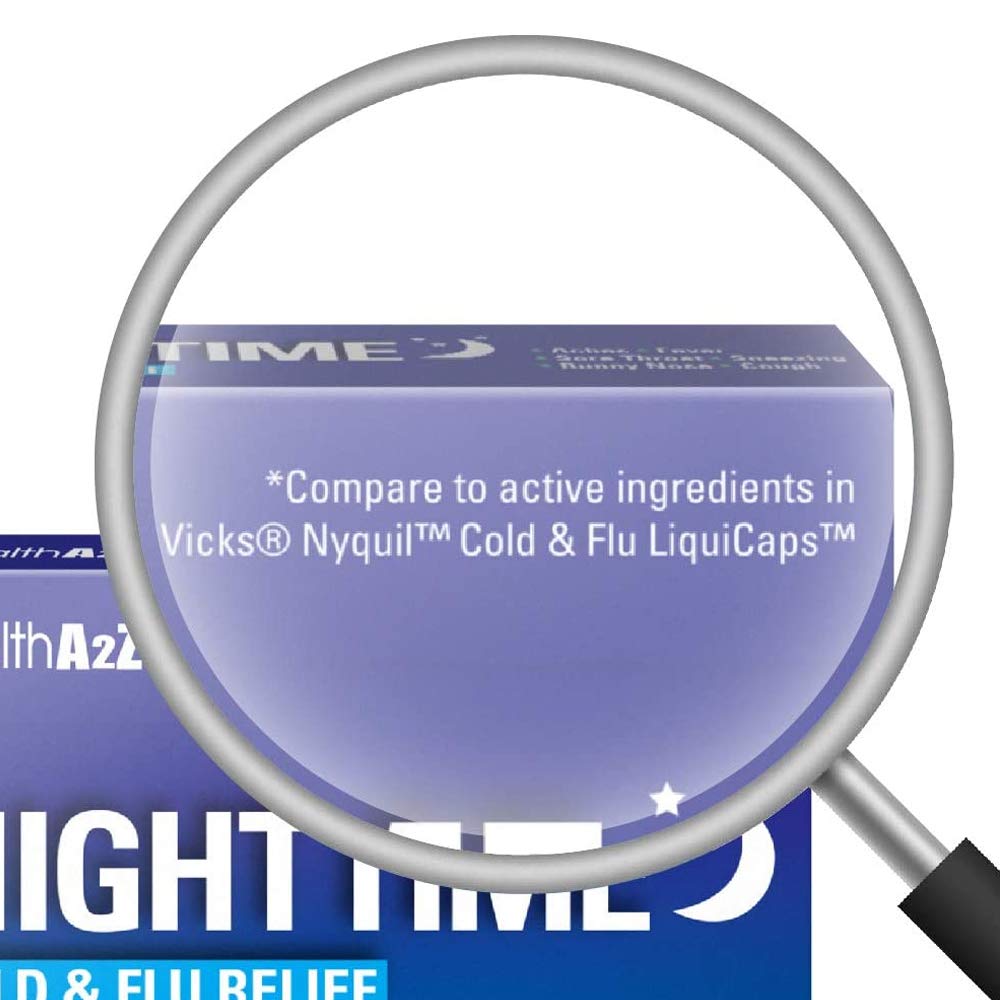 HealthA2Z Nighttime: empaque frontal con diseño claro para resfriado.