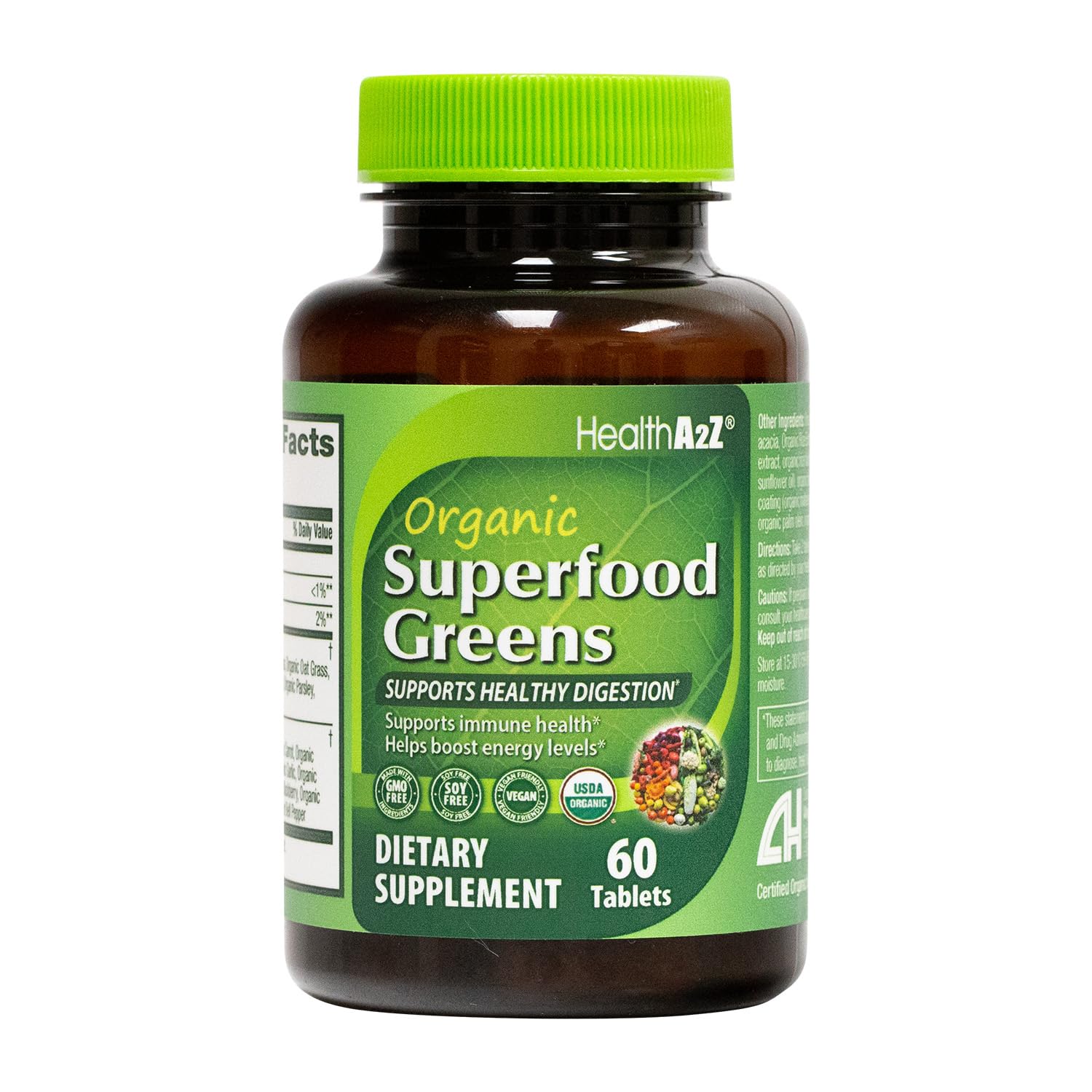 HealthA2Z Greens en bote, apoyo diario de nutrientes orgánicos para energía sostenida.
