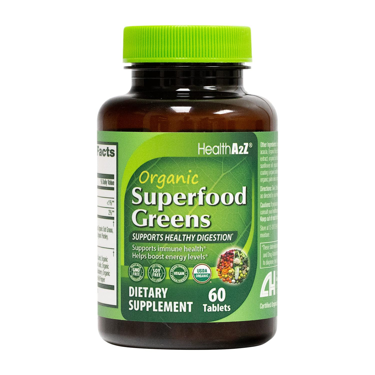 HealthA2Z Greens en bote, apoyo diario de nutrientes orgánicos para energía sostenida.