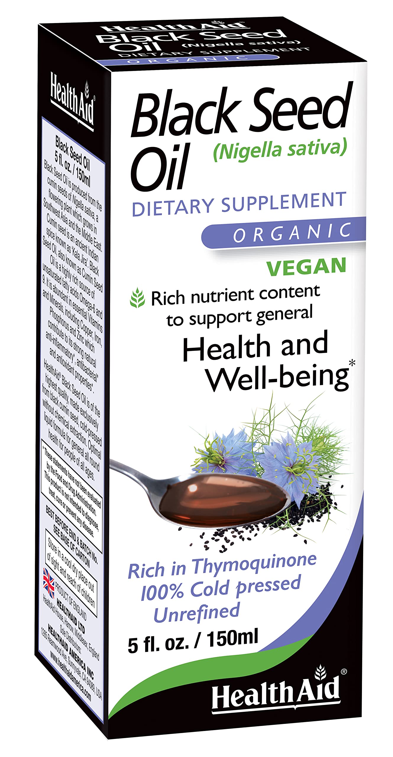 HealthAid aceite semilla negra en botella, tono ámbar, ideal para bienestar diario.