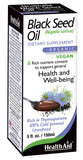 HealthAid aceite semilla negra en botella, tono ámbar, ideal para bienestar diario.