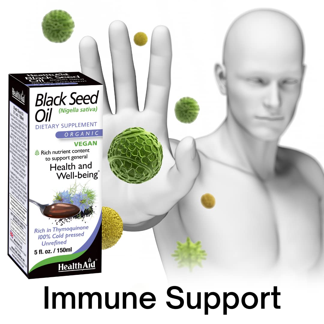 HealthAid aceite semilla negra, etiqueta orgánica visible para compra consciente.