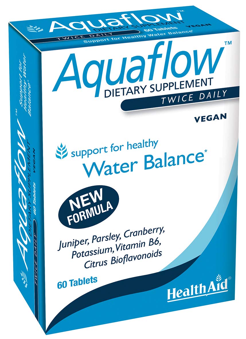 HealthAid Aquaflow tabletas, frasco frontal para equilibrio de fluidos.