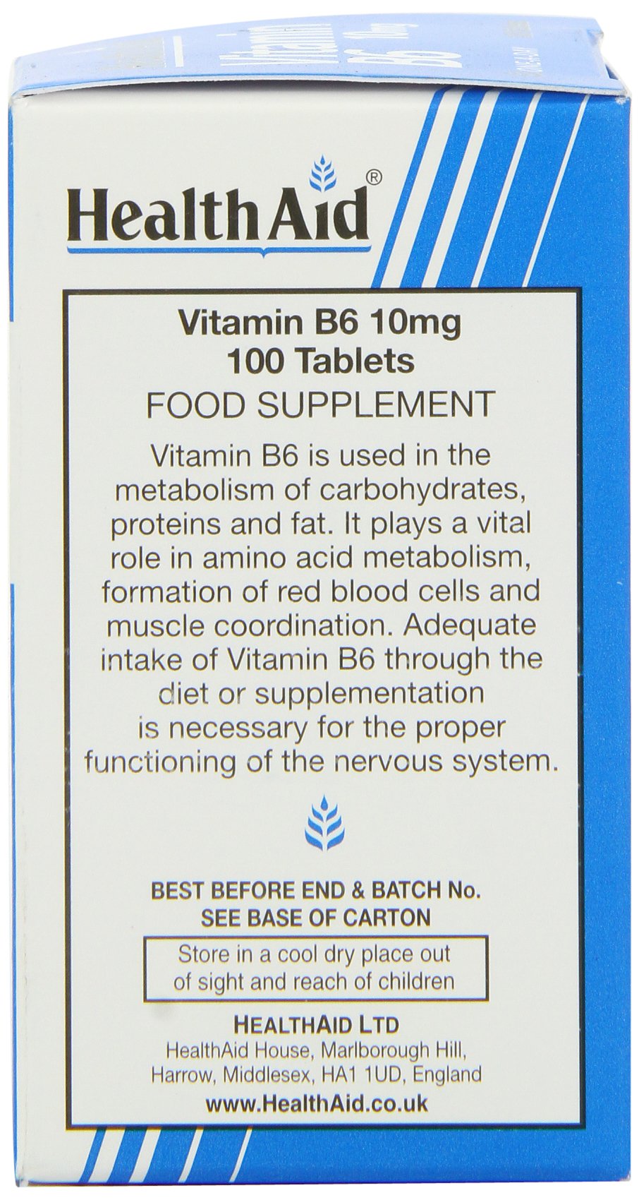 HealthAid Vitamina B6, botella, dosis confiable para la rutina diaria.