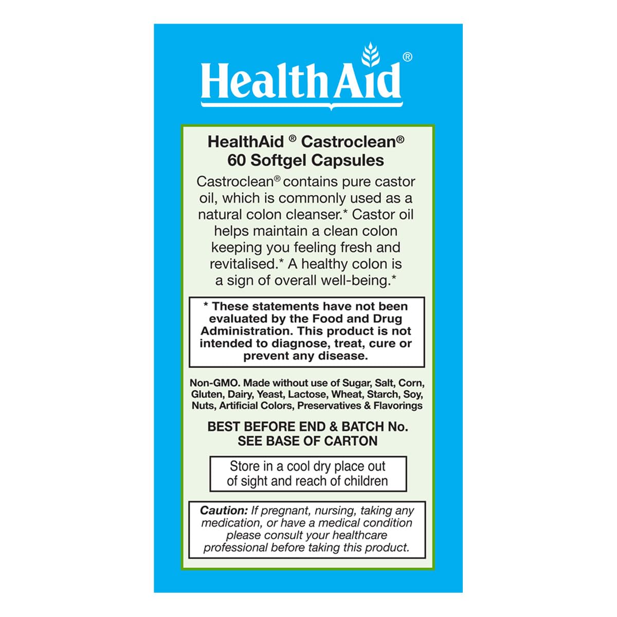 HealthAid Castroclean envase frontal formato práctico y sin sabor para tomar