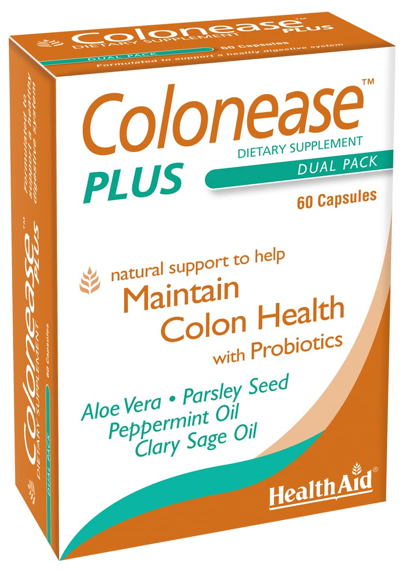 HealthAid Colonease Plus cápsulas vegetarianas para apoyo digestivo diario.