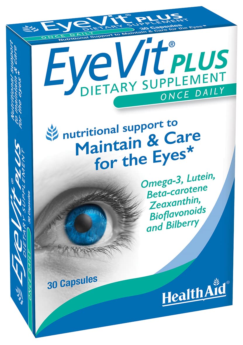 EyeVit Plus cápsulas de HealthAid, posible apoyo a la salud ocular diaria.