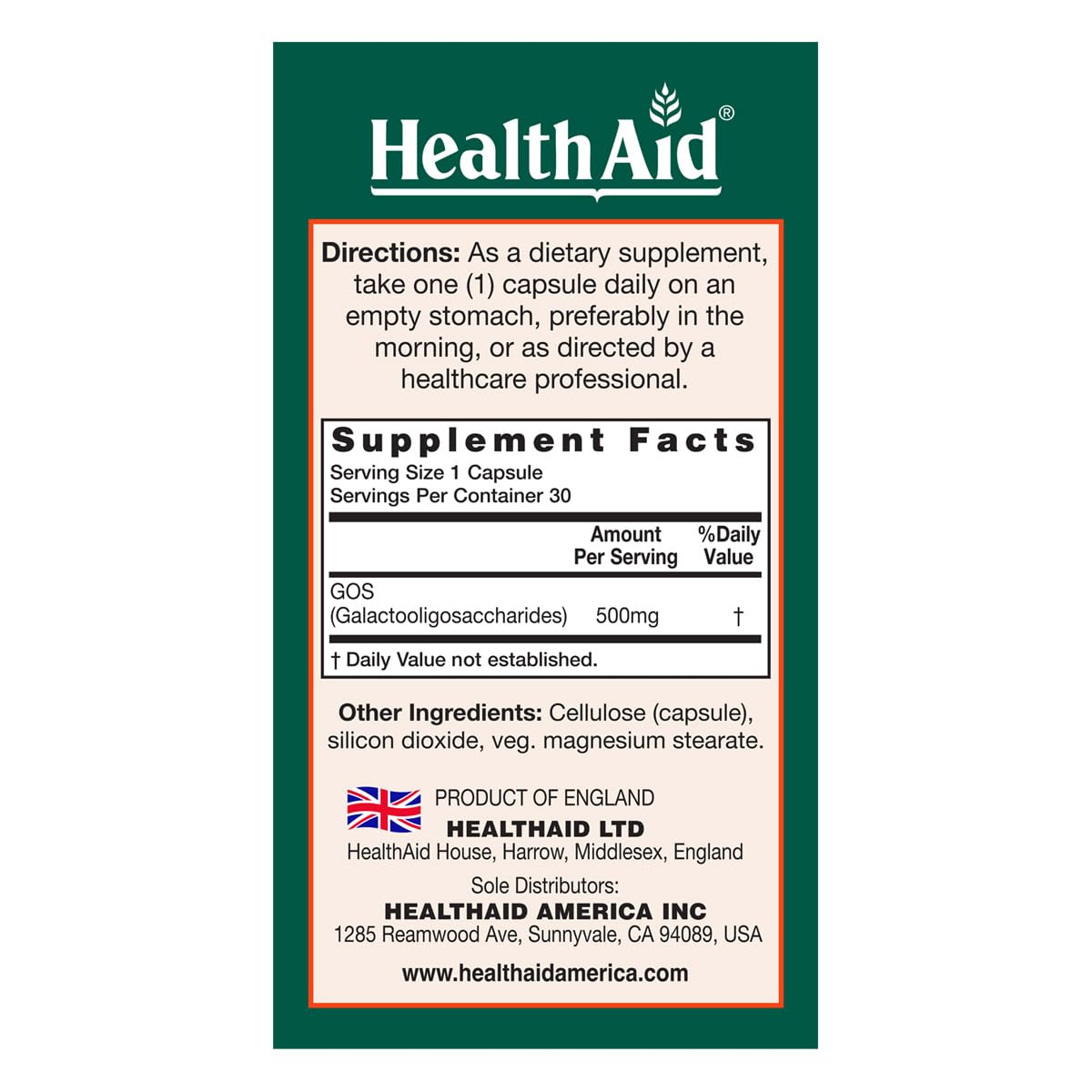 HealthAid GOSPrebio, etiqueta clara para compra informada.