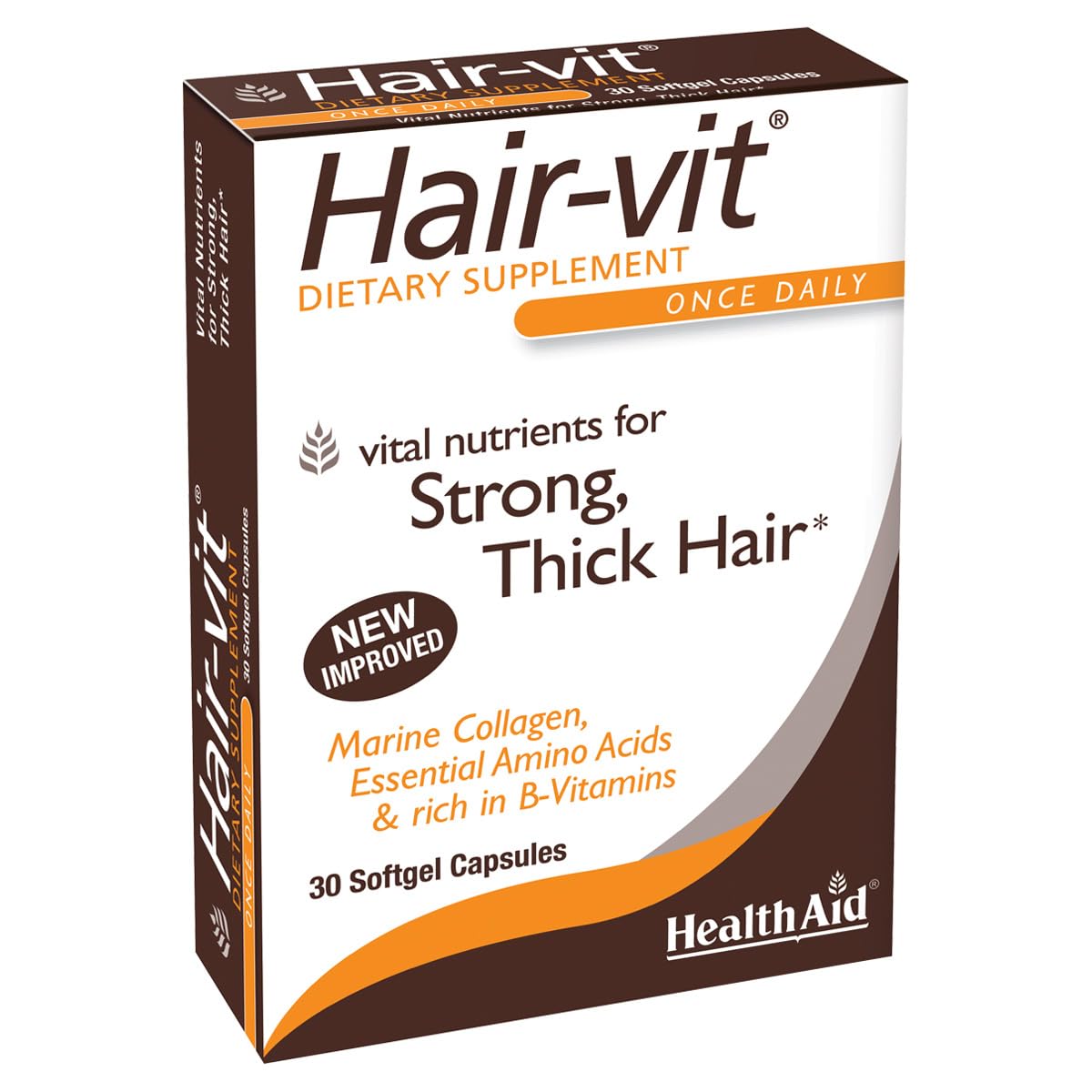 HealthAid Hair-VIT: botella frontal muestra fórmula para cabello más fuerte y brillante.