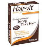 HealthAid Hair-VIT: botella frontal muestra fórmula para cabello más fuerte y brillante.