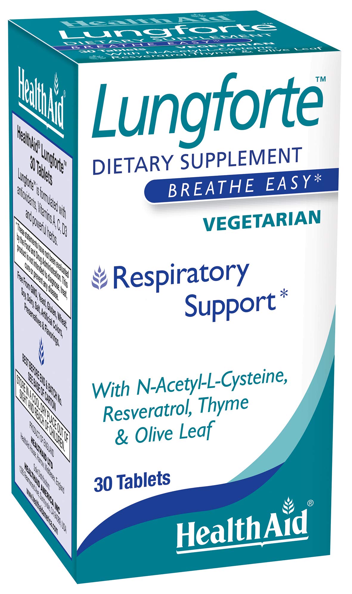 HealthAid LungForte: botella de tabletas para uso diario de apoyo respiratorio.