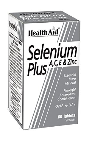 HealthAid Selenium Plus resumen de nutrientes en etiqueta para visualización rápida.