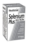 HealthAid Selenium Plus resumen de nutrientes en etiqueta para visualización rápida.