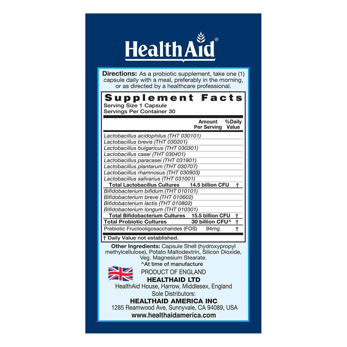 HealthAid SeniorProbio: botella-30-cápsulas, ideal para uso diario.