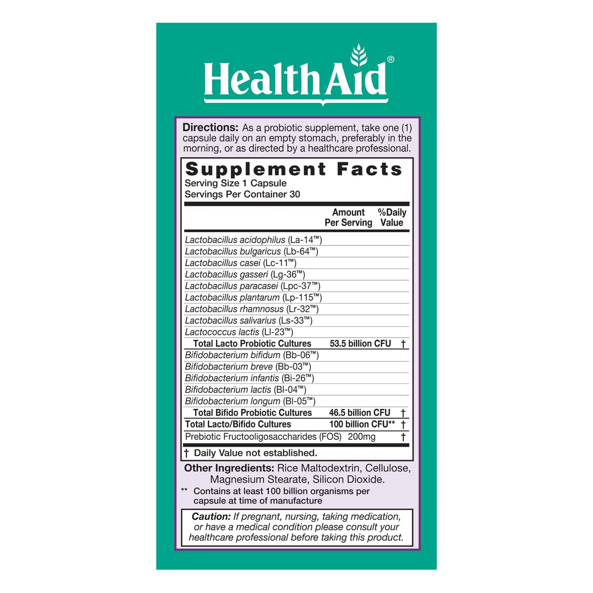 HealthAid UltraProbio cápsulas con 100 mil millones CFU para equilibrio intestinal.