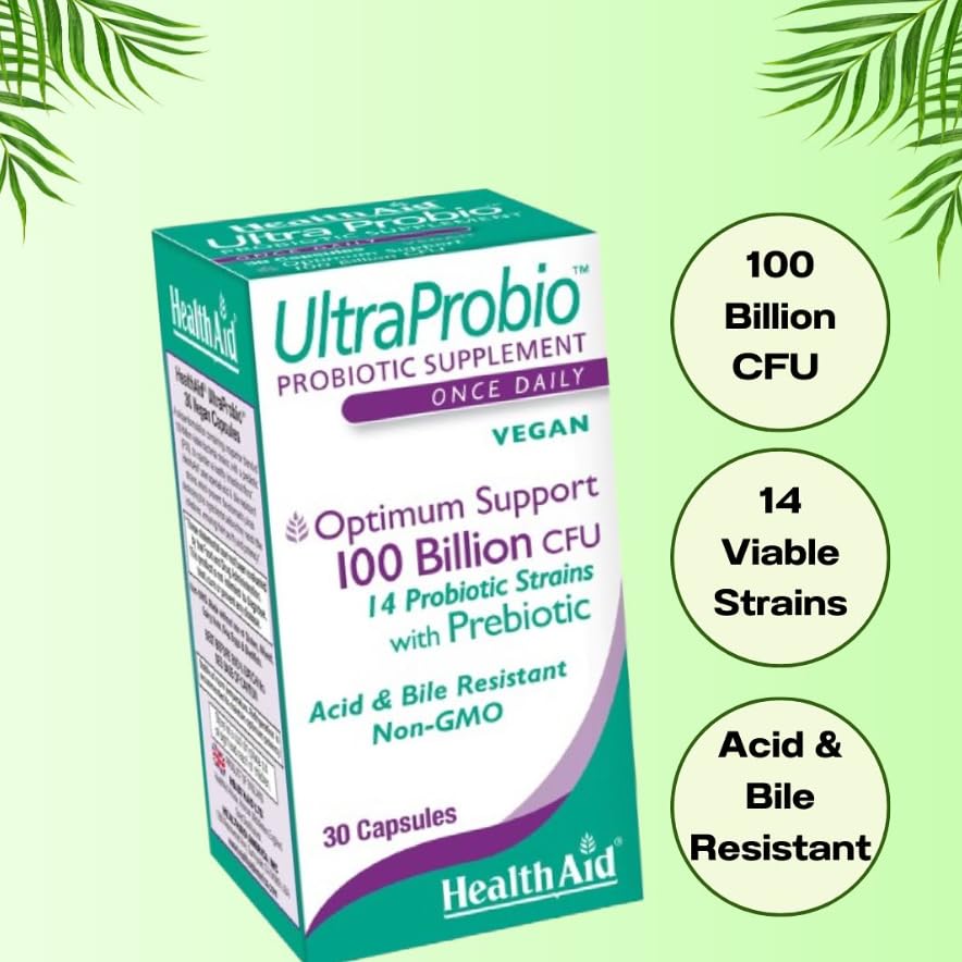 HealthAid UltraProbio, etiqueta frontal que destaca resistencia a ácido y bilis.