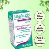 HealthAid UltraProbio, etiqueta frontal que destaca resistencia a ácido y bilis.