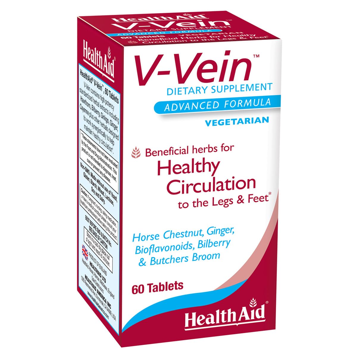 HealthAid V-Vein, botella frontal muestra envase ergonómico para apoyar circulación.