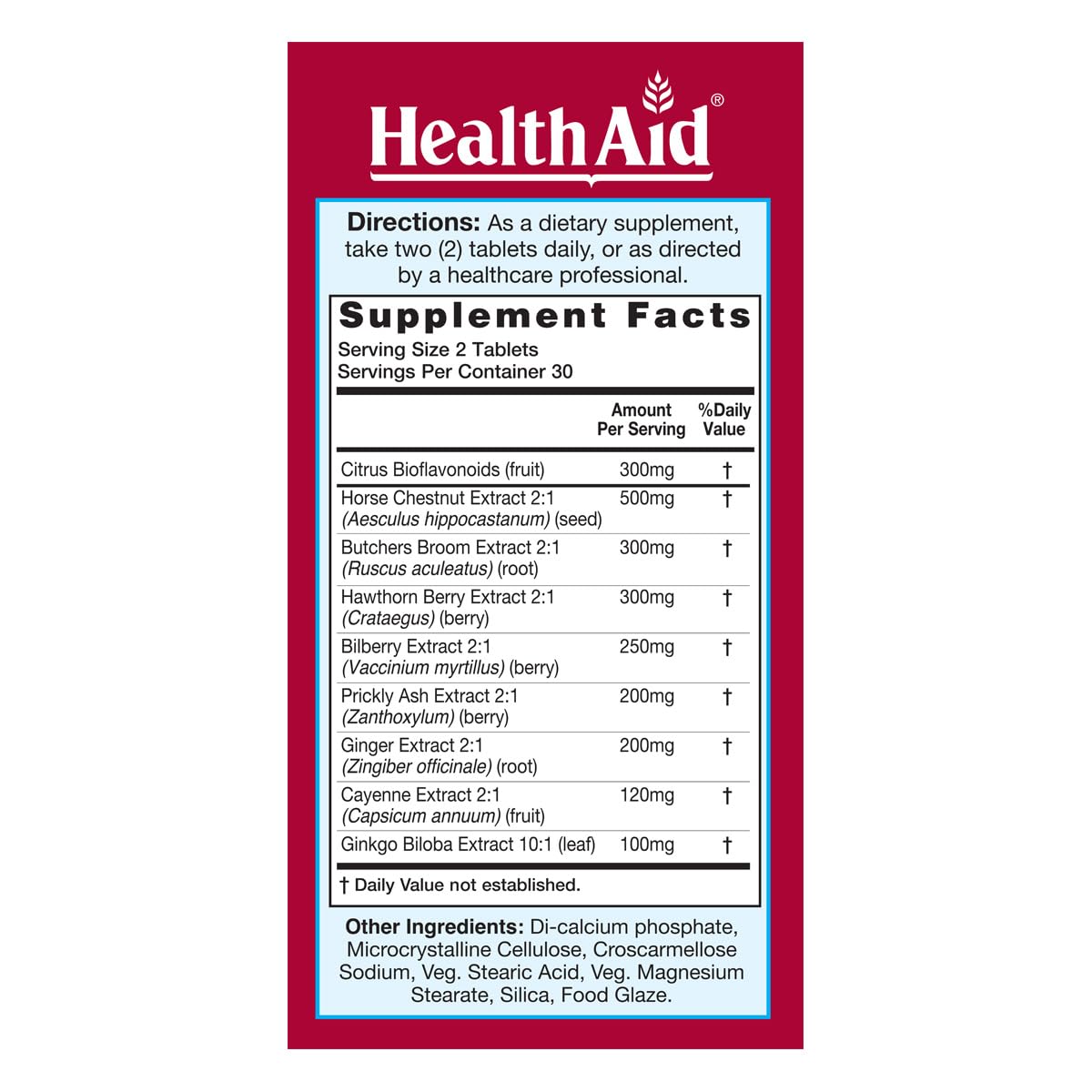 HealthAid V-Vein, etiqueta de ingredientes destaca extracción y arándano para la circulación.