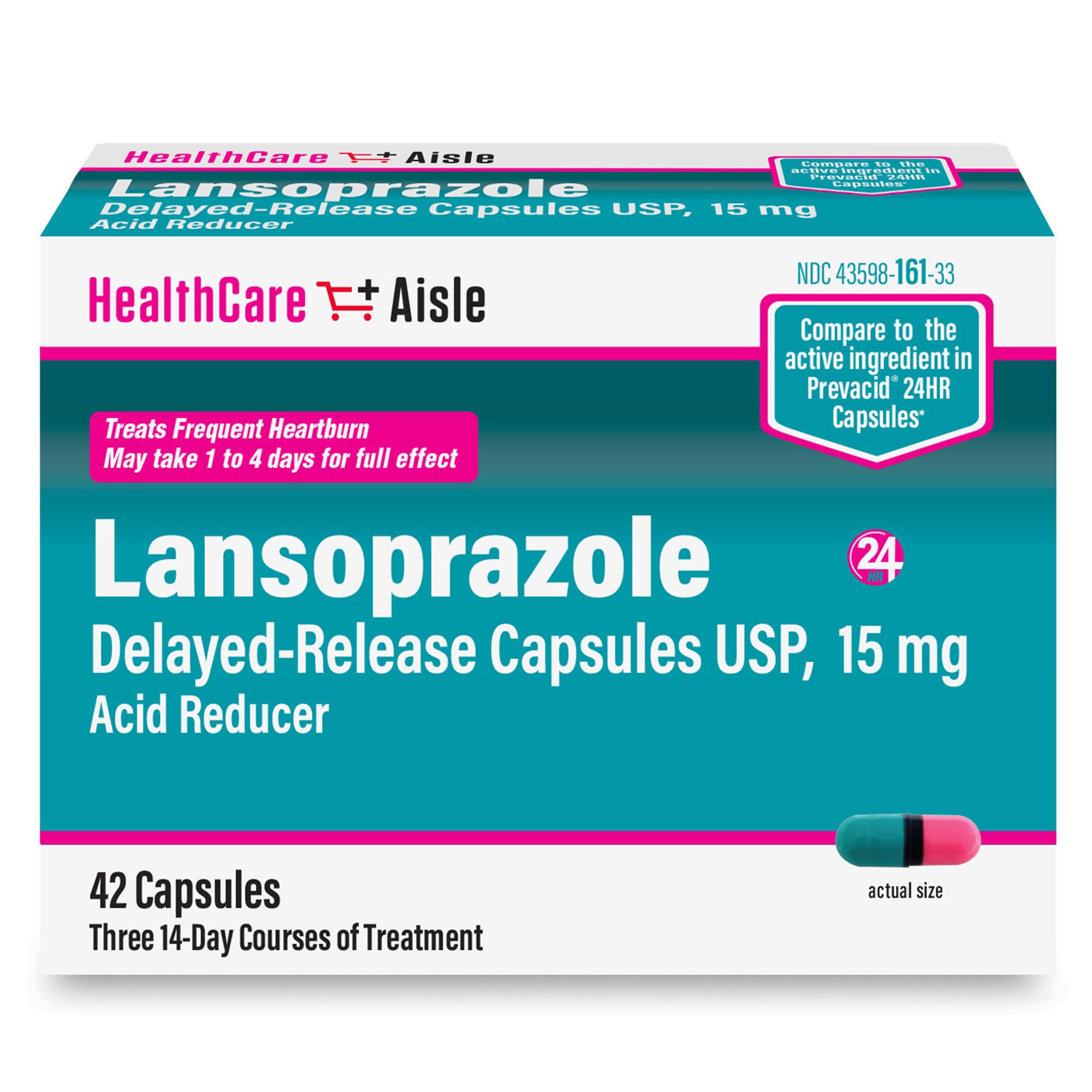HealthCareAisle Lansoprazol 15 mg: cápsulas en botella para reducir el ácido estomacal.