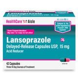 HealthCareAisle Lansoprazol 15 mg: cápsulas en botella para reducir el ácido estomacal.