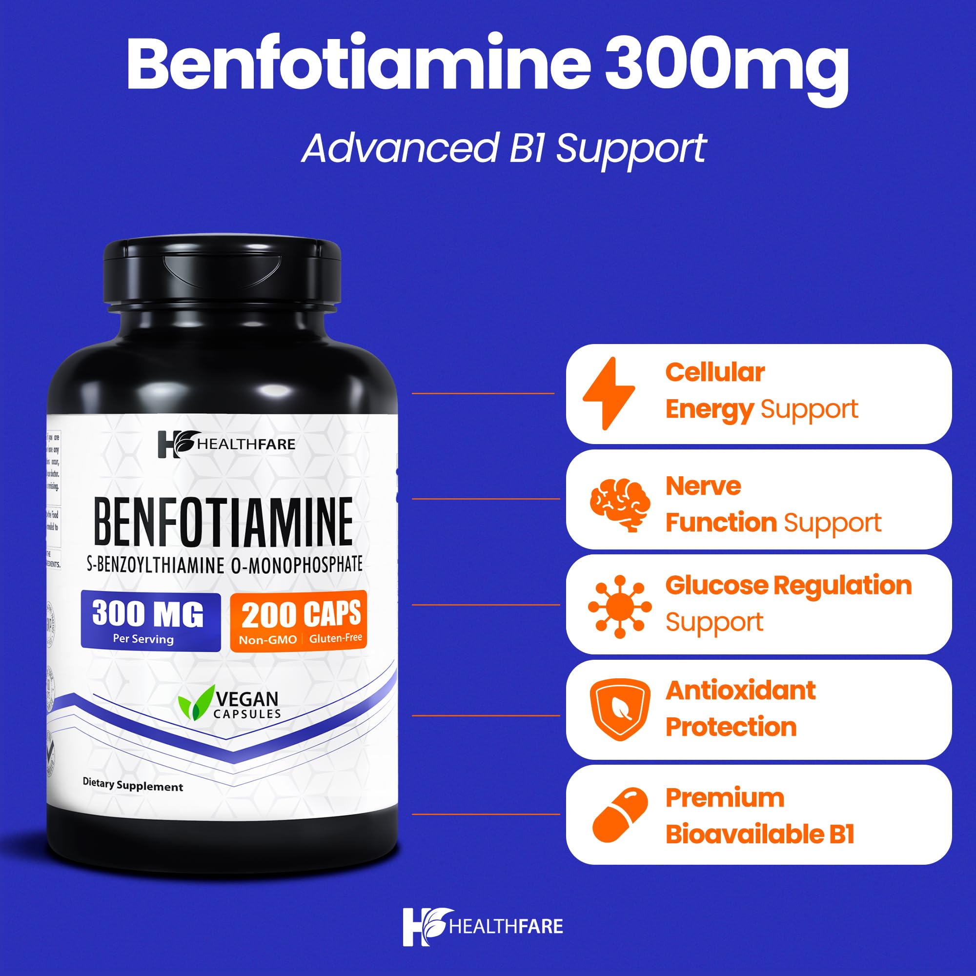 Healthfare Benfotiamina 300 mg: etiqueta frontal que resalta su formulación liposoluble y absorción.