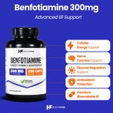 Healthfare Benfotiamina 300 mg: etiqueta frontal que resalta su formulación liposoluble y absorción.