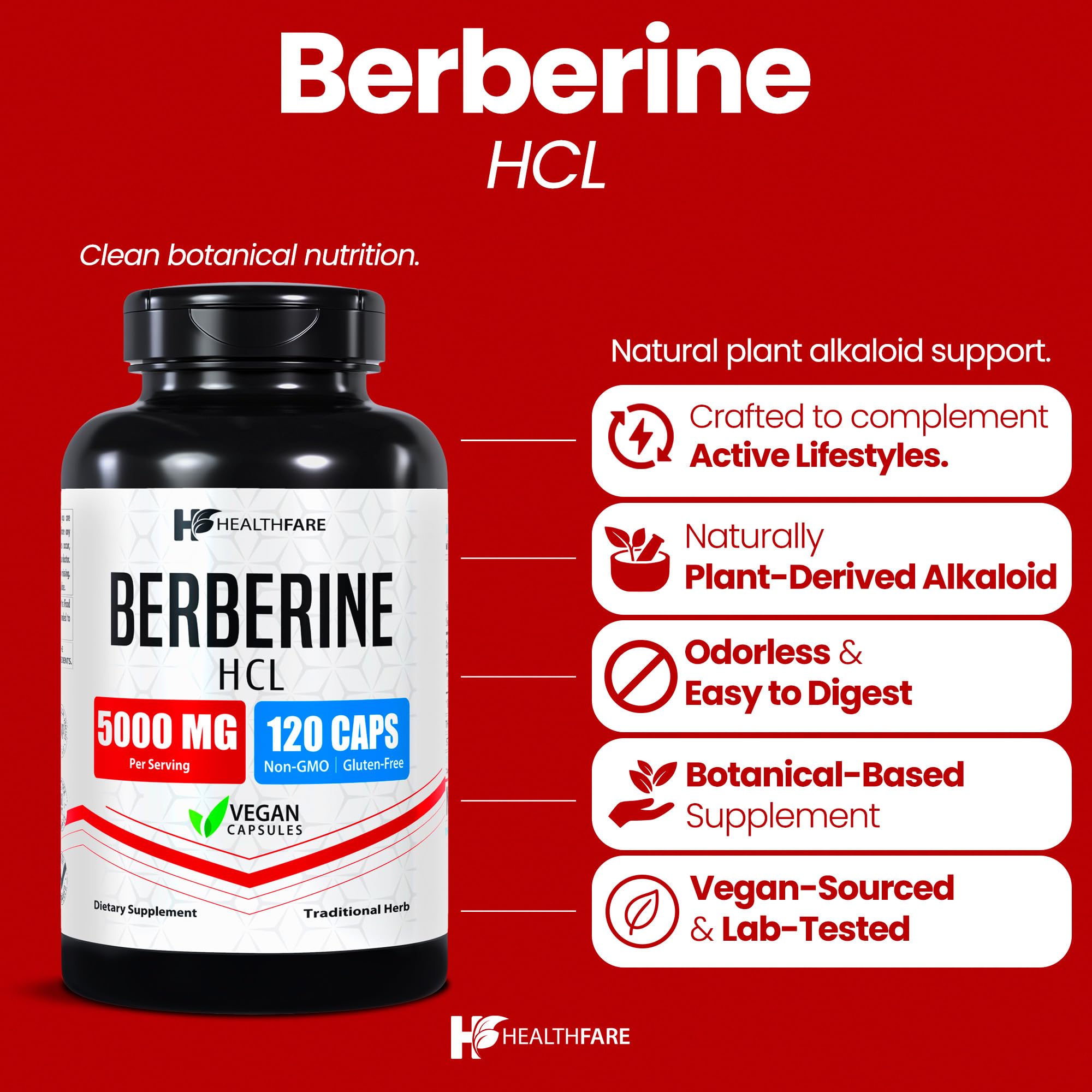 Healthfare Berberina HCL 5000mg en bote de 120 cápsulas, práctico diario.