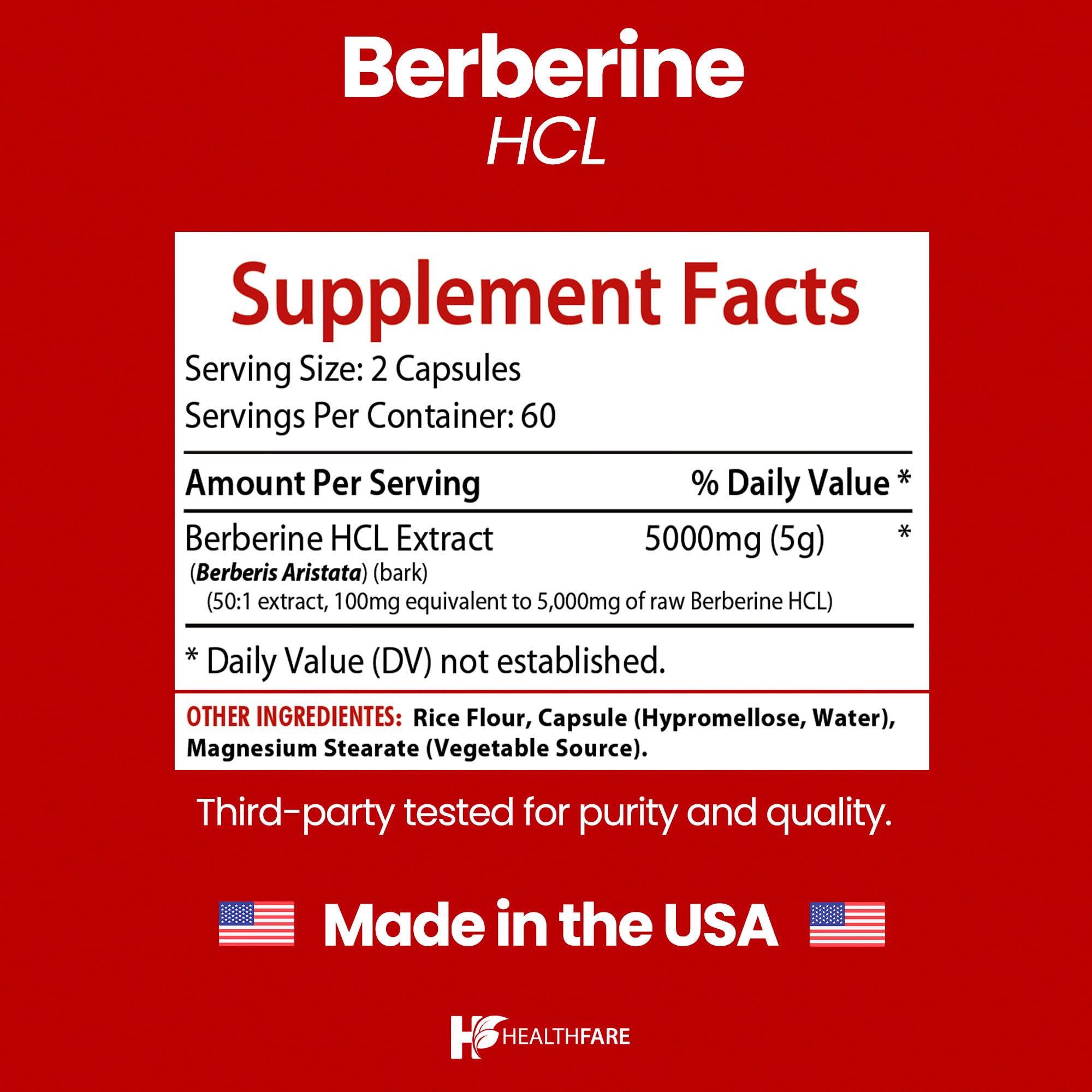 Etiqueta nutricional de Healthfare Berberina HCL 5000mg para lectura rápida.