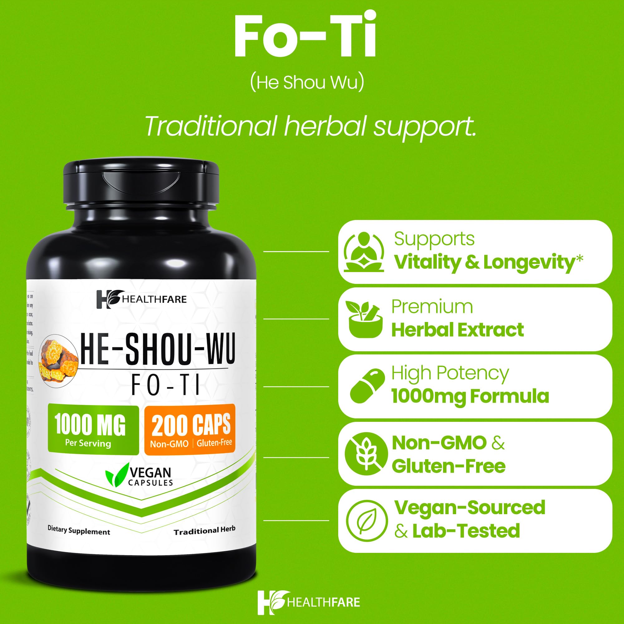 HealthFare He Shou Wu Fo-Ti cápsulas enfoque en extracto de raíz 10:1
