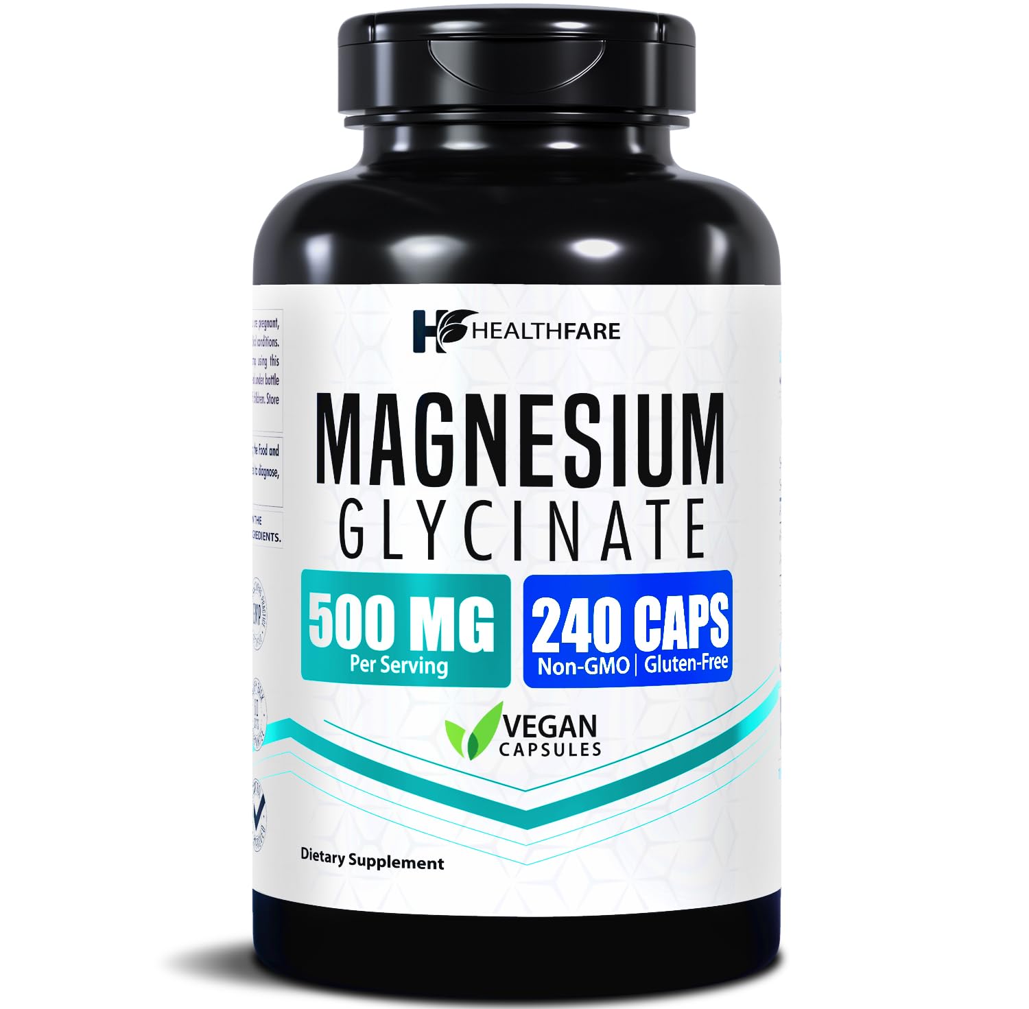 HealthFare Magnesium Glycinate 500 mg, cápsulas veganas para una toma diaria conveniente.