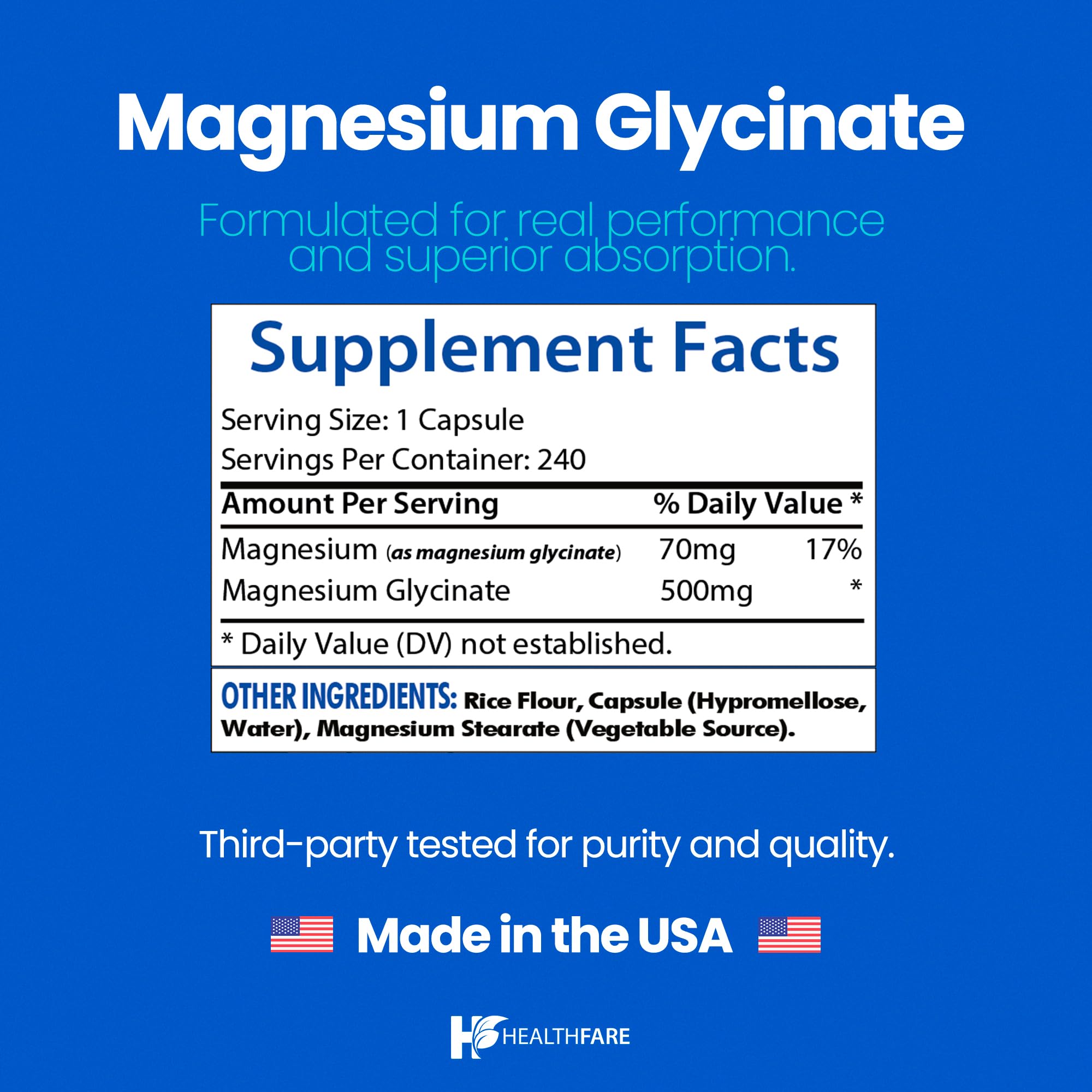 HealthFare Magnesium Glycinate 500 mg, etiqueta clara de ingredientes para confirmar composición.