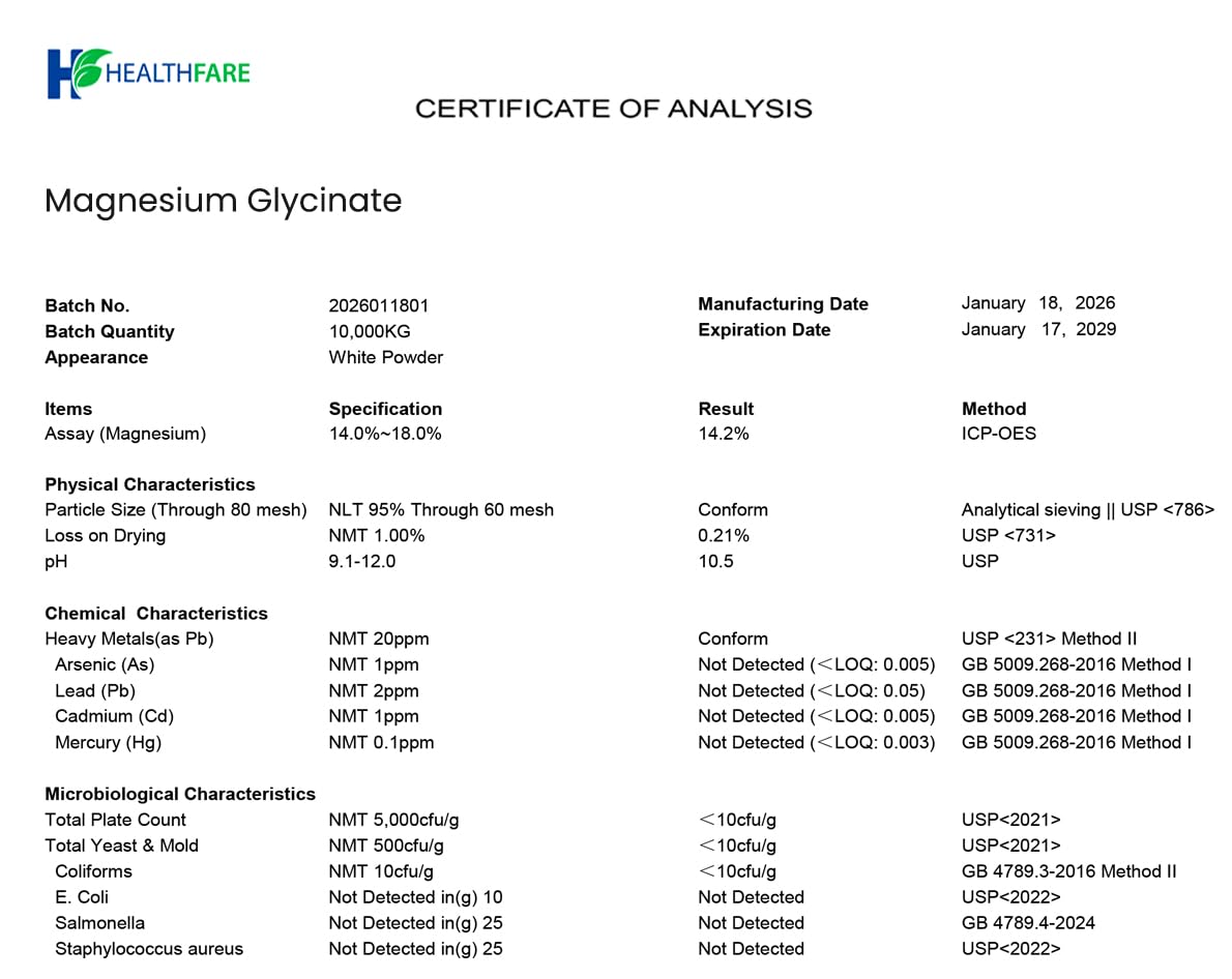HealthFare Magnesium Glycinate 500 mg, cápsulas veganas con textura suave para tomar.