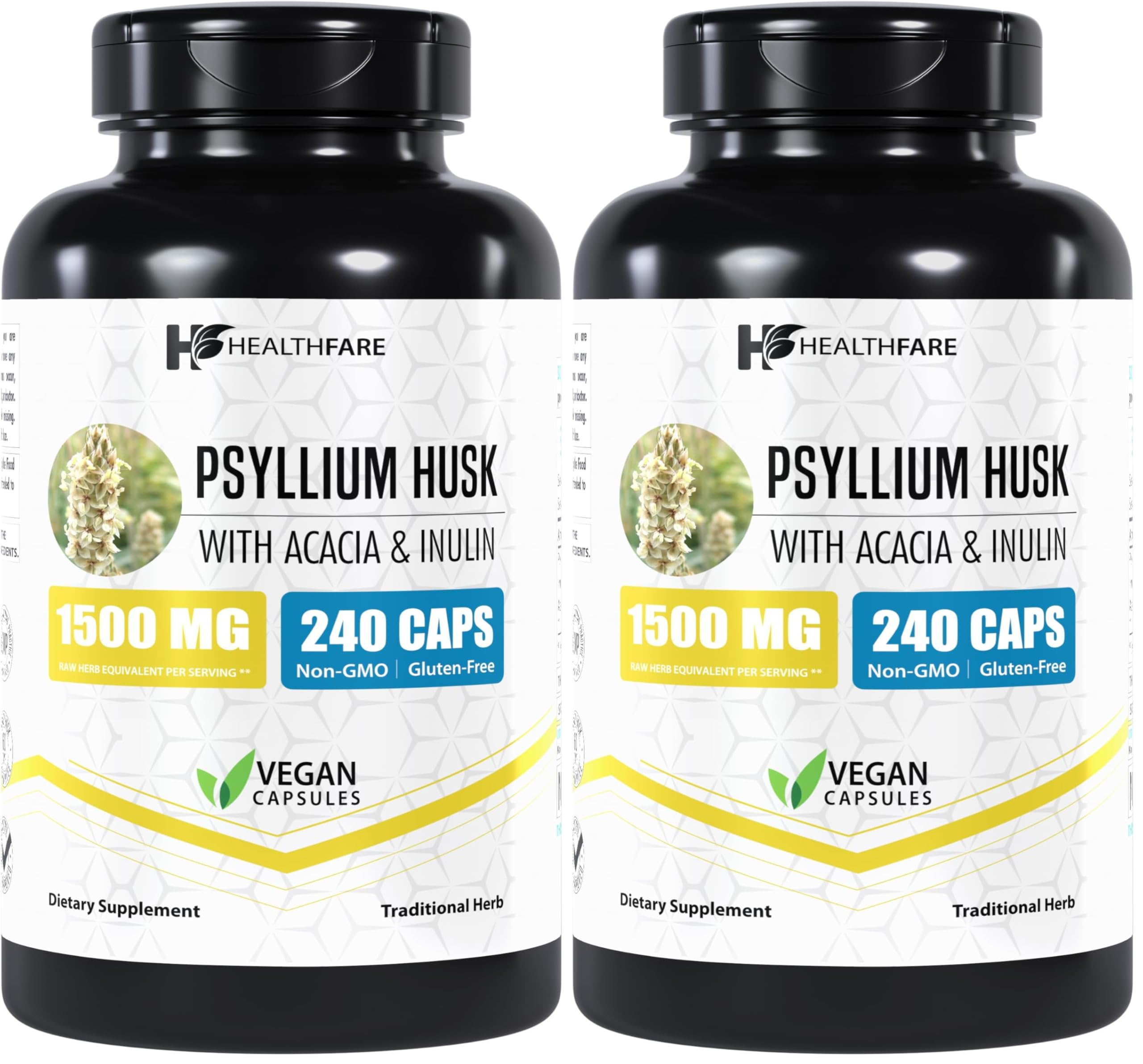 Healthfare Psyllium Husk Capsules en botella, promueven fibra diaria para apoyo digestivo.