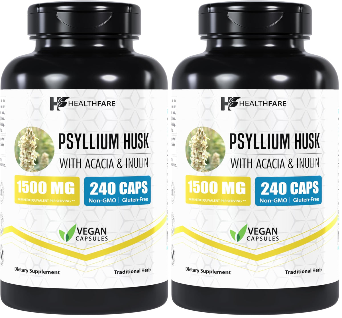 Healthfare Psyllium Husk Capsules en botella, promueven fibra diaria para apoyo digestivo.