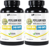 Healthfare Psyllium Husk Capsules en botella, promueven fibra diaria para apoyo digestivo.