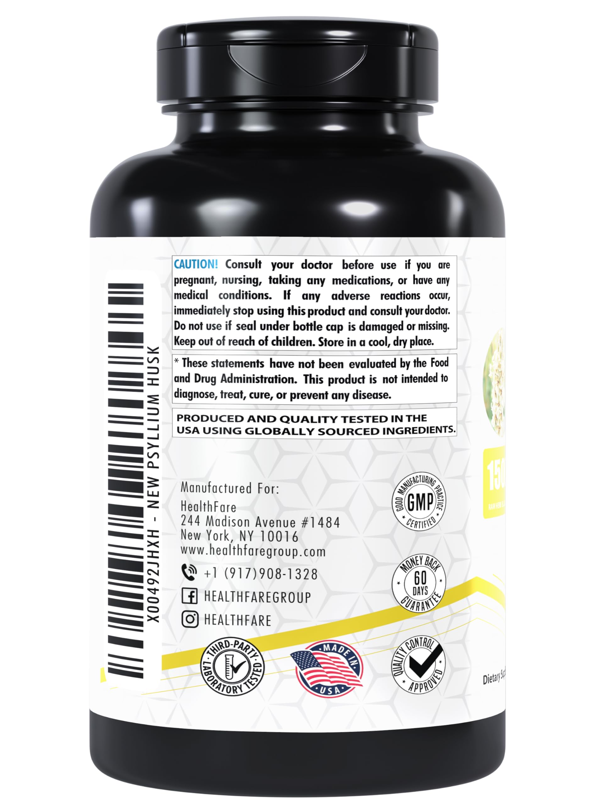 Healthfare Psyllium Husk Capsules etiqueta clara con información de ingredientes.