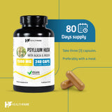 Healthfare Psyllium Husk Capsules icono sin OGM para transparencia.