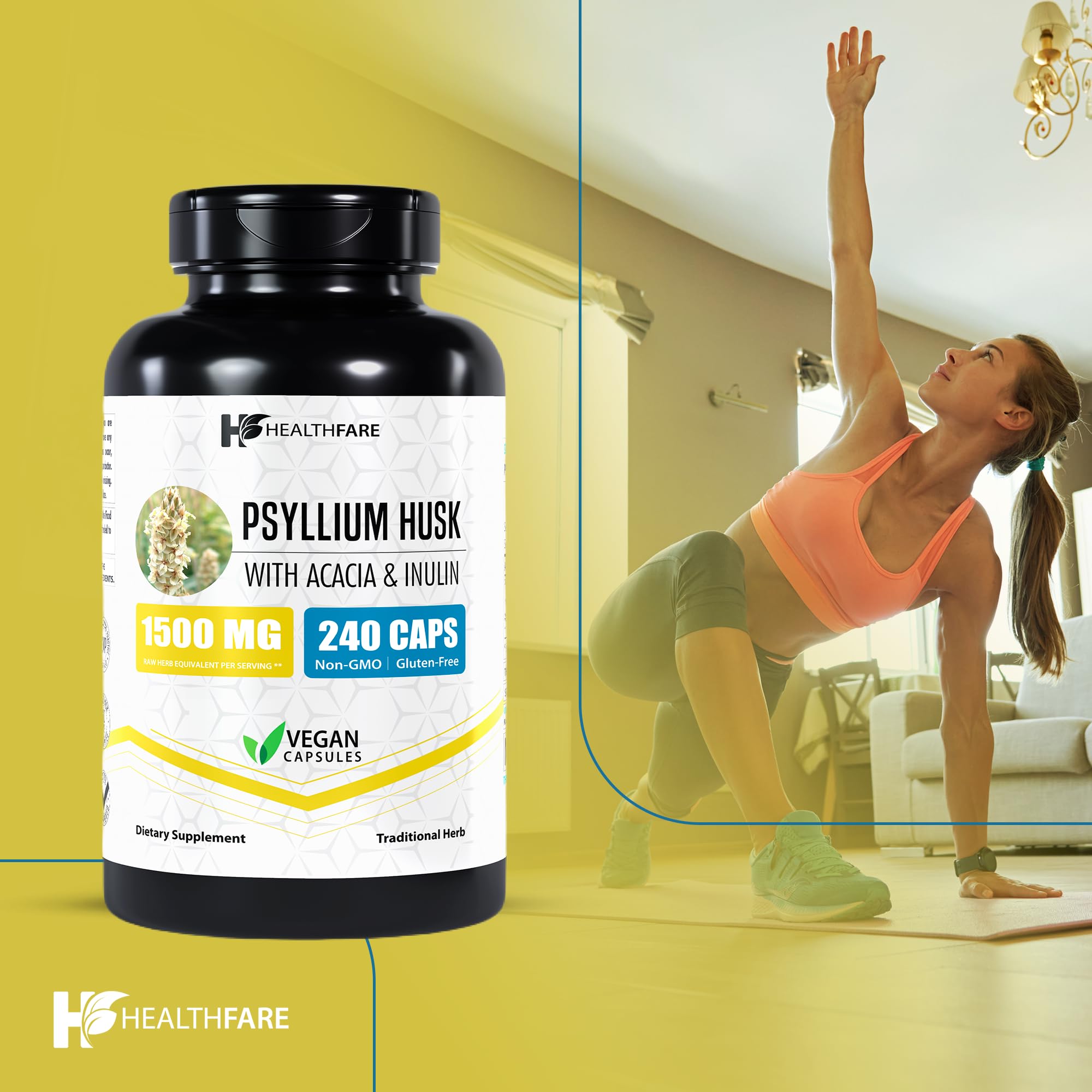 Healthfare Psyllium Husk Capsules pack de 240 cápsulas, conveniente para la rutina.