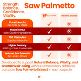 Healthfare Saw Palmetto cápsulas en primer plano para balance hormonal