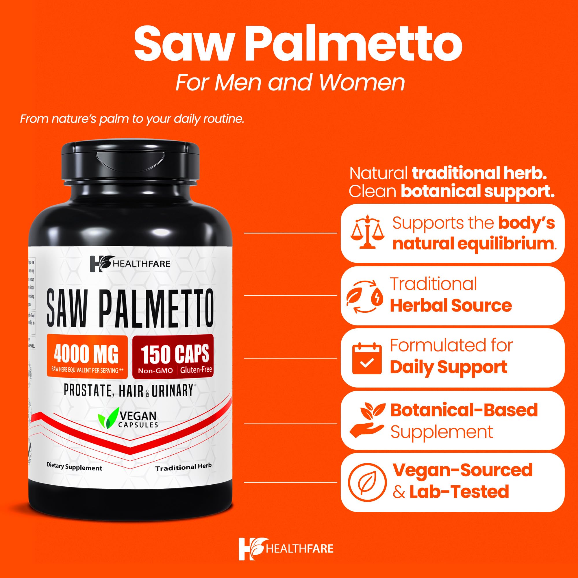 Healthfare Saw Palmetto cápsulas veganas enfocadas en soporte urinario