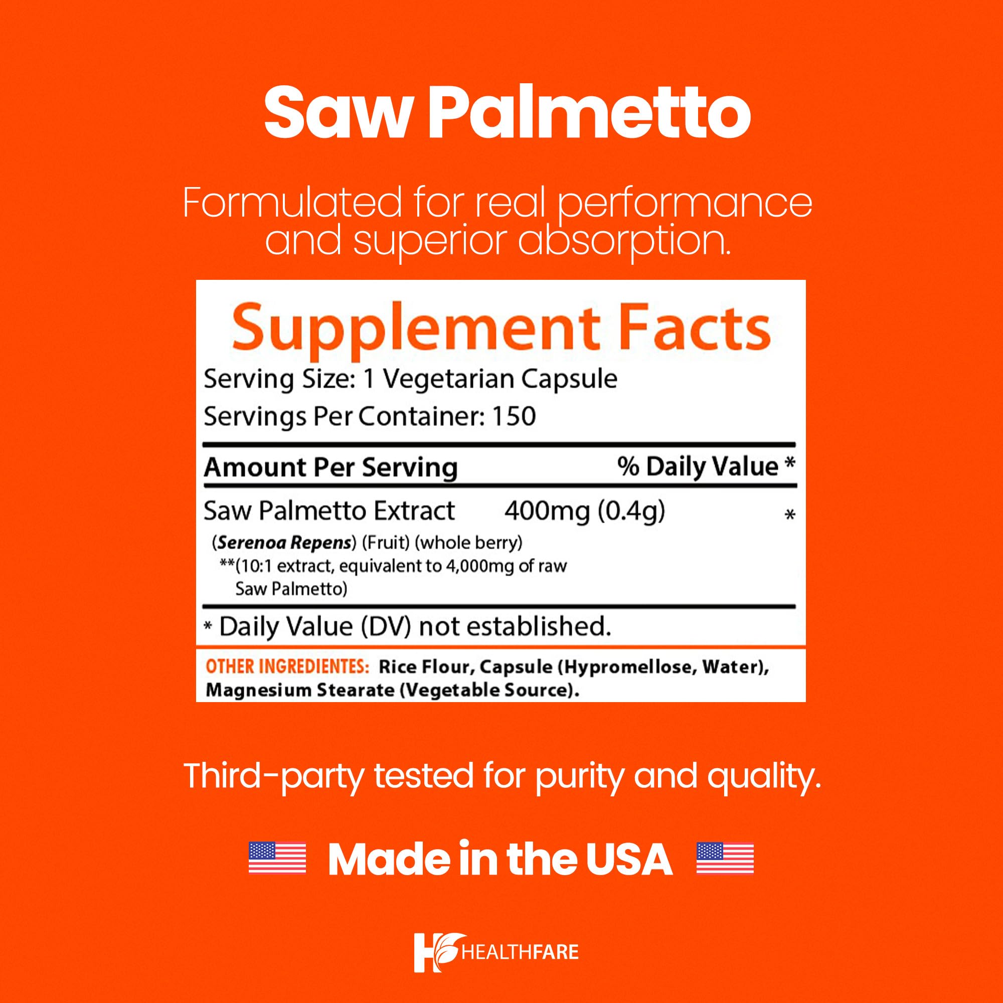 Healthfare Saw Palmetto etiqueta frontal destaca fórmula libre de gluten