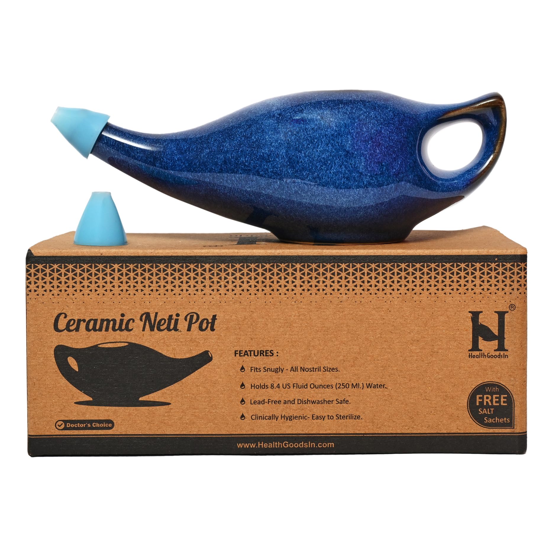 HealthGoodsIn Neti Pot cerámico con gradiente azul para limpieza nasal suave