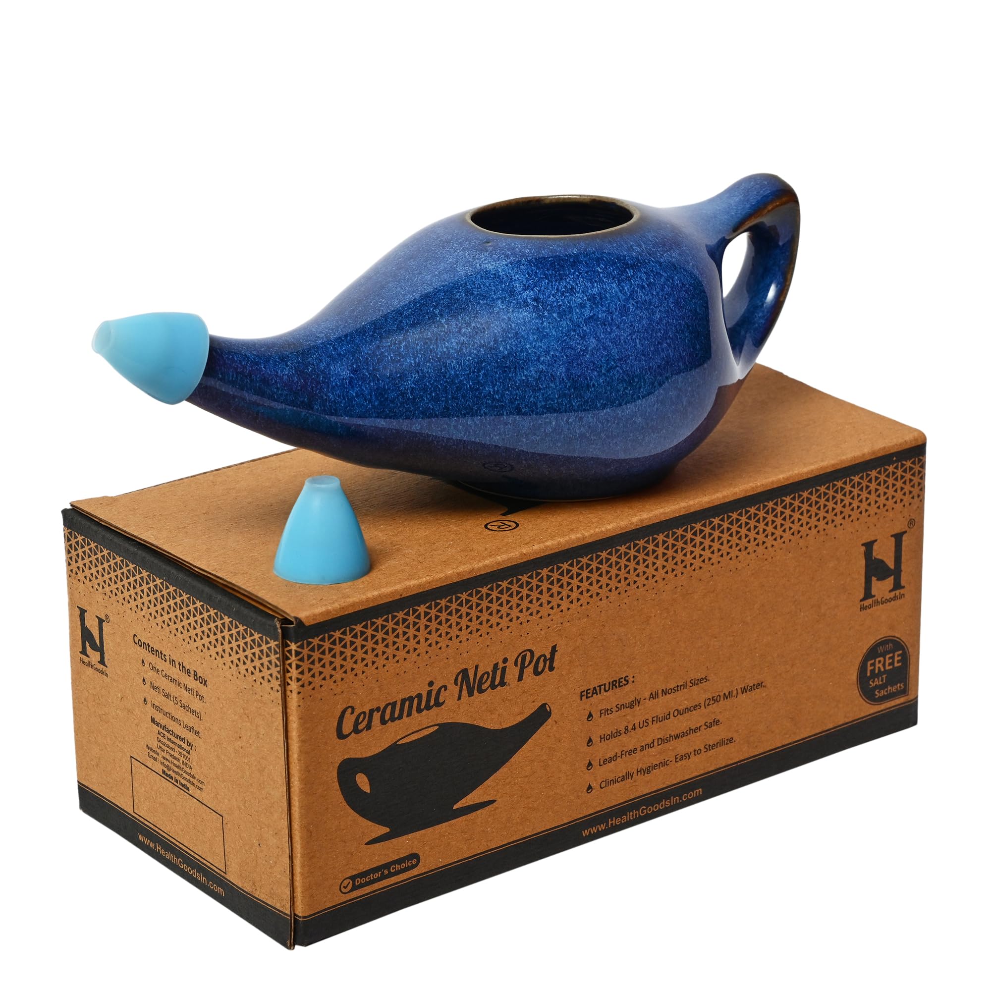 HealthGoodsIn Neti Pot cerámico con dos boquillas de silicona para mayor comodidad